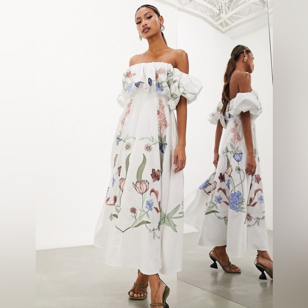 ASOS EDITION floral embroidered bardot puff sleeve midi dress in white